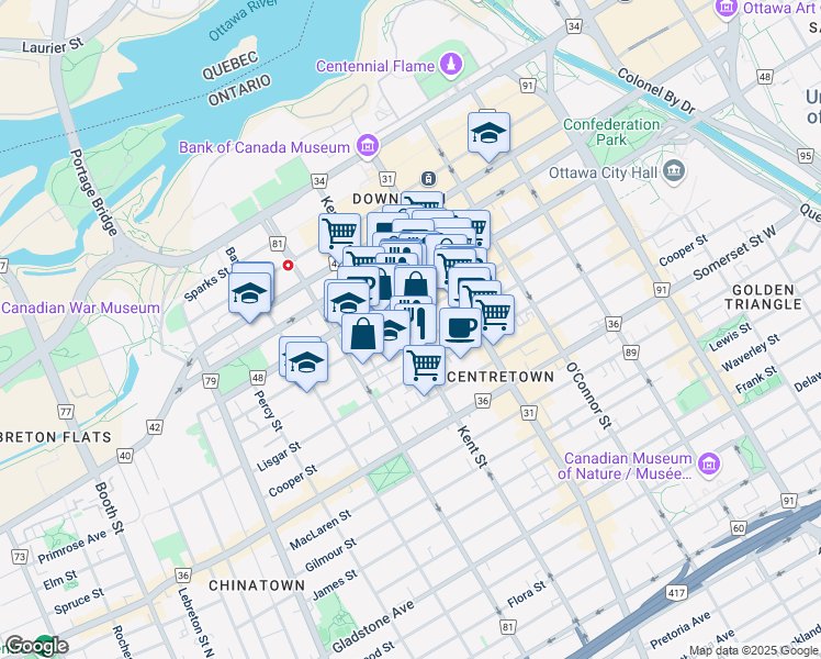 map of restaurants, bars, coffee shops, grocery stores, and more near 360 Laurier Avenue West in Ottawa