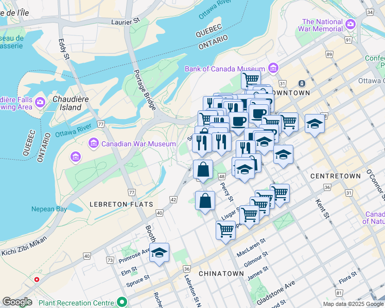 map of restaurants, bars, coffee shops, grocery stores, and more near in Ottawa