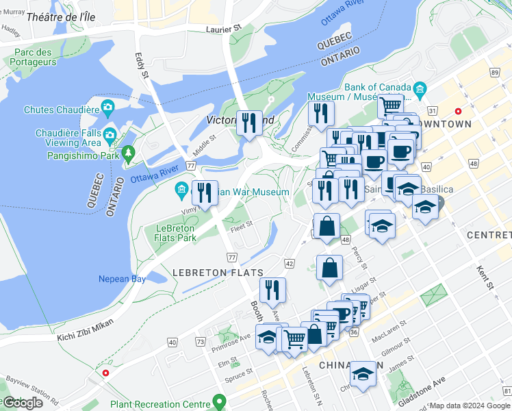 map of restaurants, bars, coffee shops, grocery stores, and more near 200 Lett Street in Ottawa