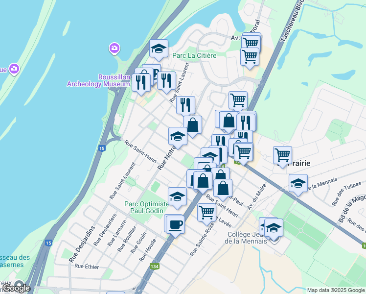 map of restaurants, bars, coffee shops, grocery stores, and more near 315 Rue Saint-Charles in La Prairie