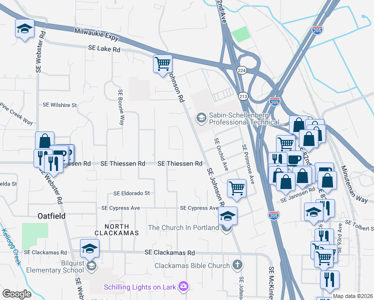 map of restaurants, bars, coffee shops, grocery stores, and more near 14650 Southeast Thelma Circle in Milwaukie