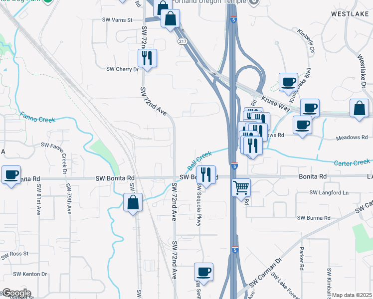 map of restaurants, bars, coffee shops, grocery stores, and more near 14280 Southwest 72nd Avenue in Tigard
