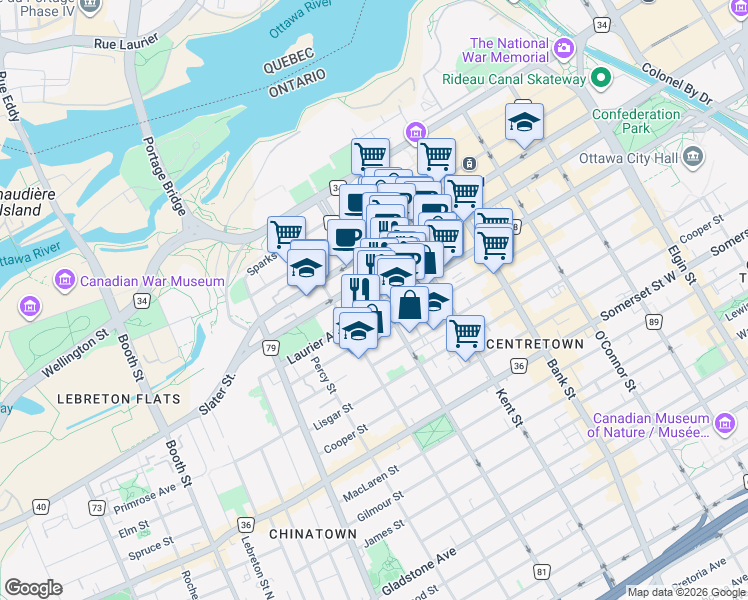 map of restaurants, bars, coffee shops, grocery stores, and more near 445 Laurier Avenue West in Ottawa