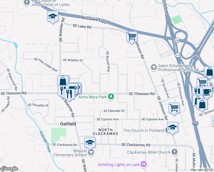 map of restaurants, bars, coffee shops, grocery stores, and more near 14657 Southeast Bonnie Way in Milwaukie