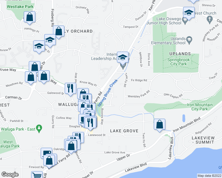 map of restaurants, bars, coffee shops, grocery stores, and more near 15032 Boones Way in Lake Oswego