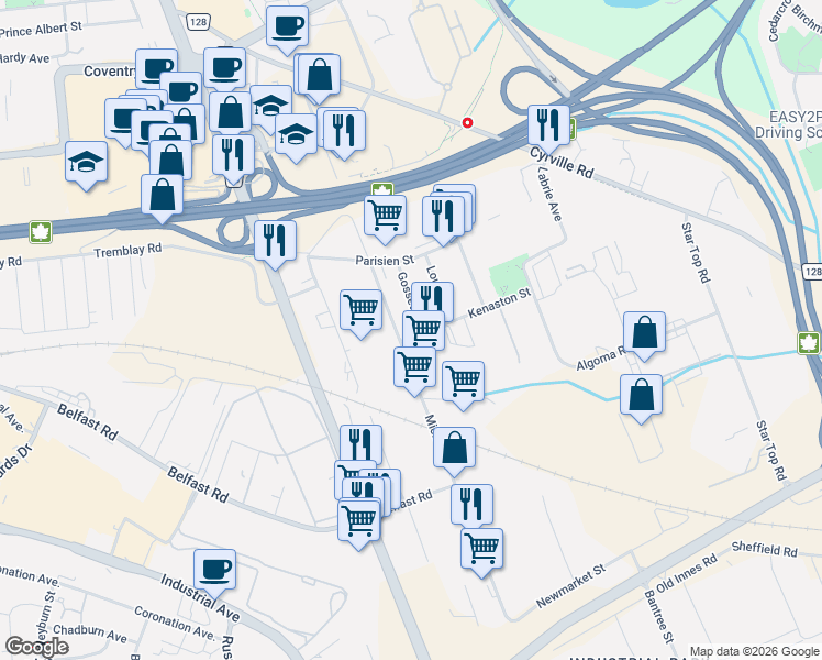 map of restaurants, bars, coffee shops, grocery stores, and more near 1081 Kenaston Street in Ottawa