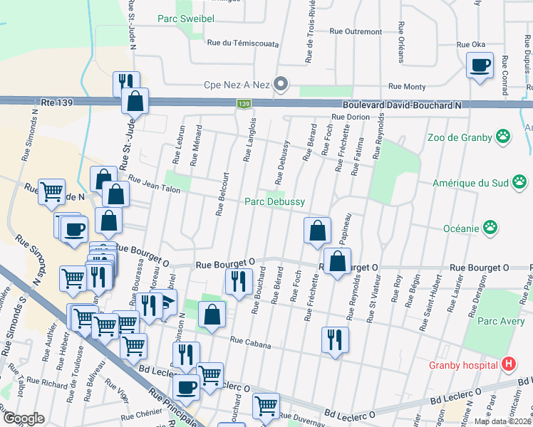 map of restaurants, bars, coffee shops, grocery stores, and more near 370 Rue Bouchard in Granby