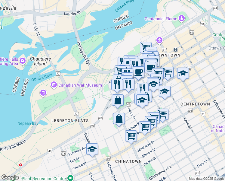 map of restaurants, bars, coffee shops, grocery stores, and more near 85 Bronson Avenue in Ottawa