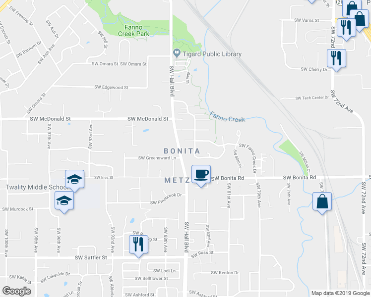 map of restaurants, bars, coffee shops, grocery stores, and more near 14270 Southwest Hall Boulevard in Tigard