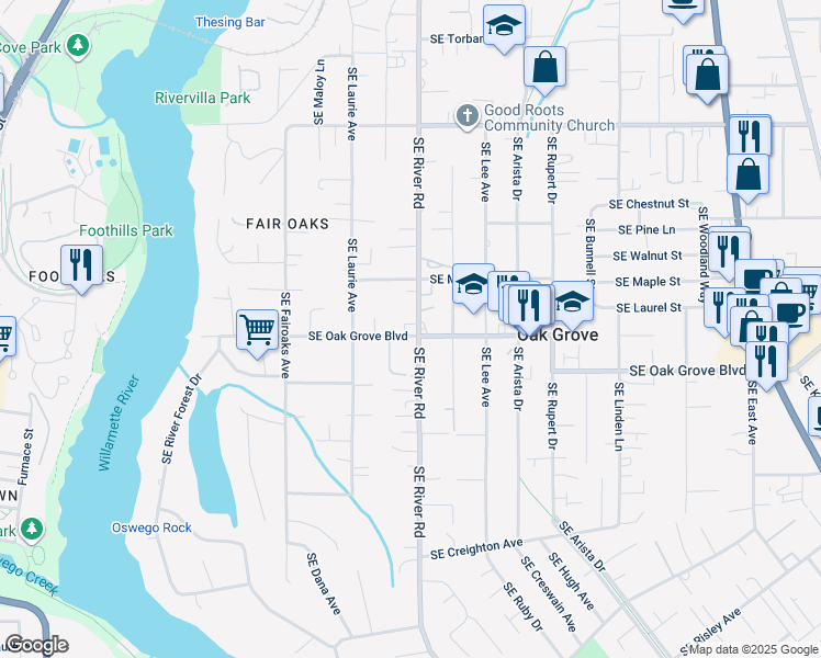map of restaurants, bars, coffee shops, grocery stores, and more near 14611 Southeast River Road in Milwaukie