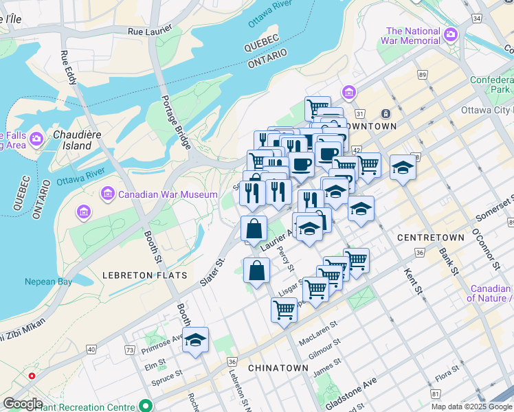 map of restaurants, bars, coffee shops, grocery stores, and more near 473 Albert Street in Ottawa