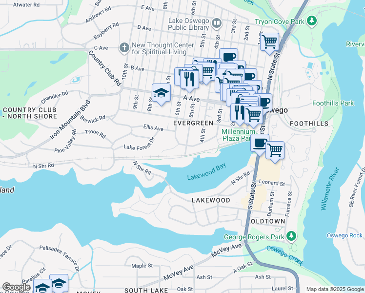 map of restaurants, bars, coffee shops, grocery stores, and more near 104 5th Street in Lake Oswego