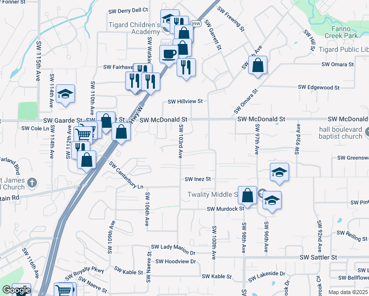 map of restaurants, bars, coffee shops, grocery stores, and more near 14230 Southwest 103rd Avenue in Tigard