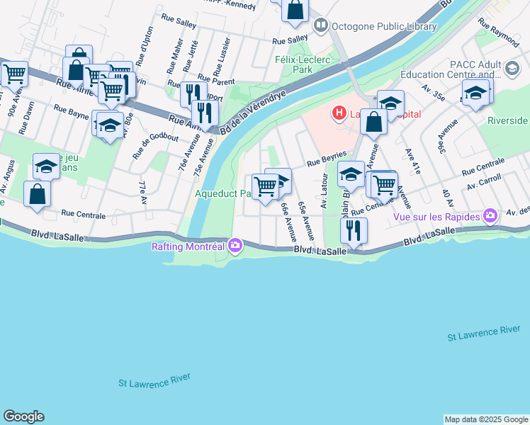 map of restaurants, bars, coffee shops, grocery stores, and more near 8877 Rue Centrale in Montréal