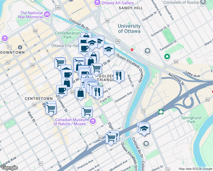 map of restaurants, bars, coffee shops, grocery stores, and more near 99 Cartier Street in Ottawa