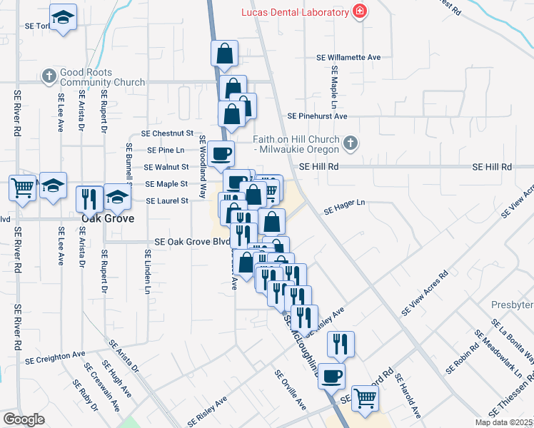map of restaurants, bars, coffee shops, grocery stores, and more near 14638 Southeast McLoughlin Boulevard in Milwaukie