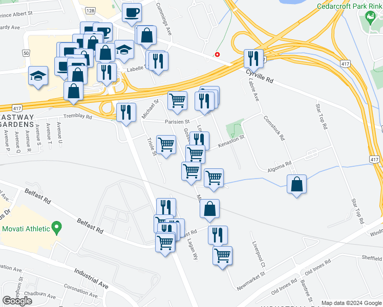 map of restaurants, bars, coffee shops, grocery stores, and more near 1085 Kenaston Street in Ottawa