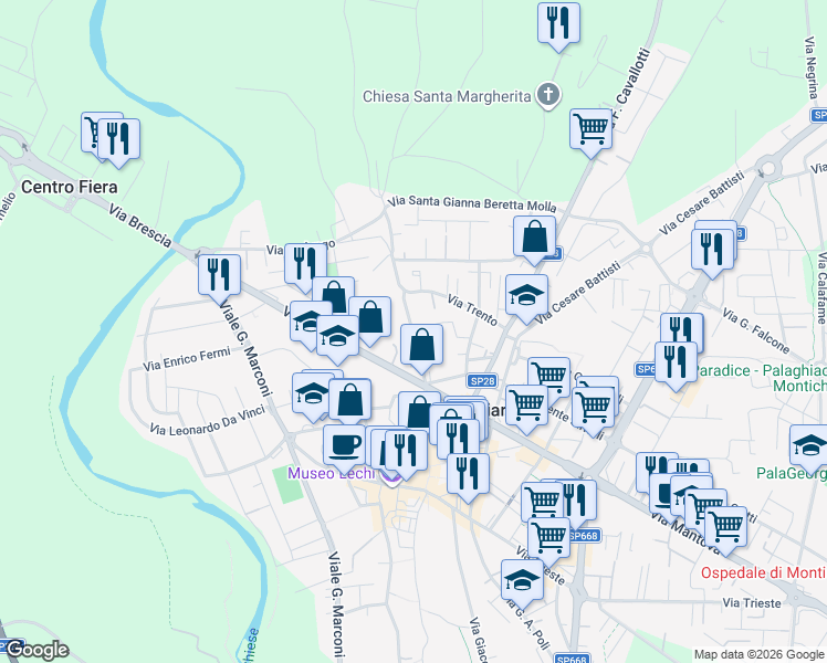 map of restaurants, bars, coffee shops, grocery stores, and more near 152 Via Angelo Mazzoldi in Montichiari
