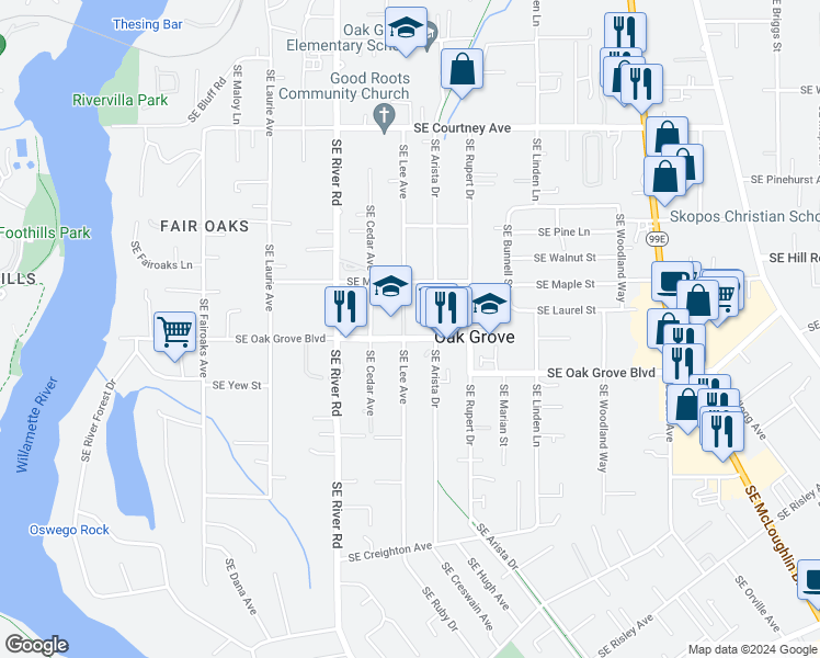 map of restaurants, bars, coffee shops, grocery stores, and more near 1901 Southeast Oak Grove Boulevard in Oak Grove