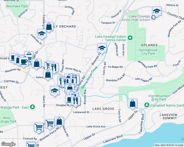 map of restaurants, bars, coffee shops, grocery stores, and more near 15032 Boones Way in Lake Oswego