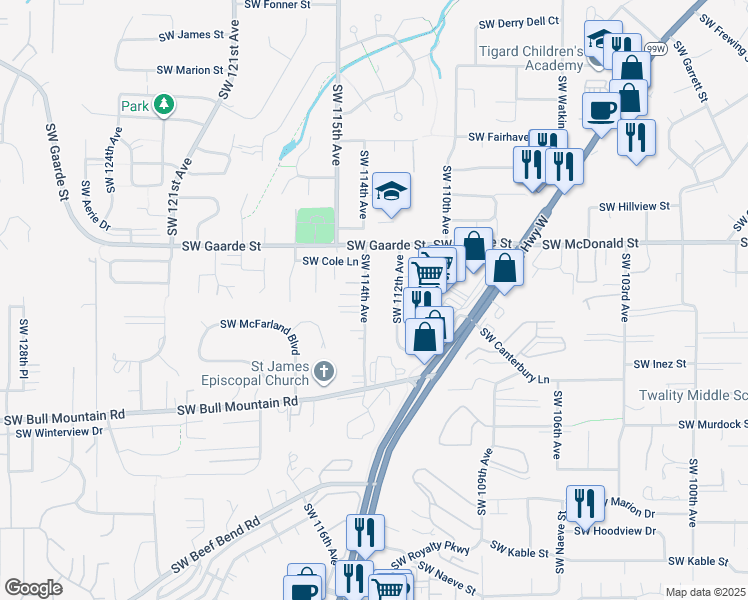 map of restaurants, bars, coffee shops, grocery stores, and more near 14245 Southwest 112th Avenue in Tigard