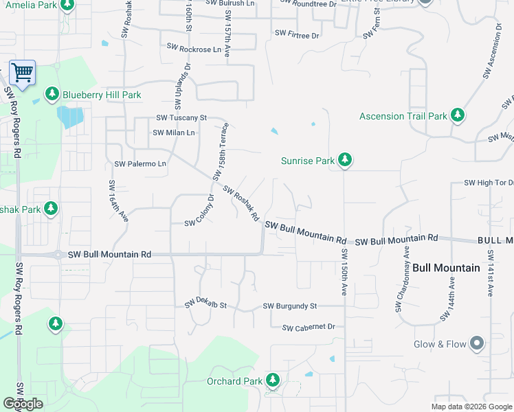 map of restaurants, bars, coffee shops, grocery stores, and more near 15565 Southwest Roshak Road in Tigard