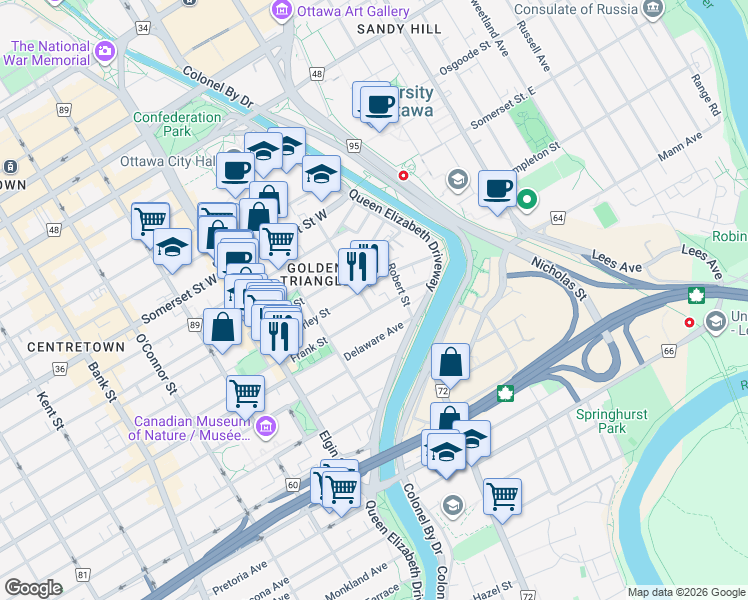map of restaurants, bars, coffee shops, grocery stores, and more near in Ottawa
