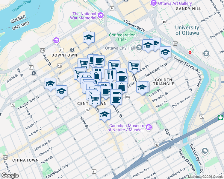 map of restaurants, bars, coffee shops, grocery stores, and more near in Ottawa