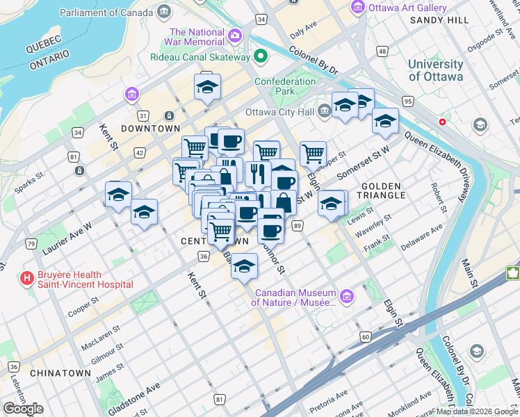 map of restaurants, bars, coffee shops, grocery stores, and more near in Ottawa