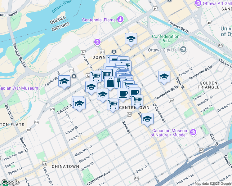 map of restaurants, bars, coffee shops, grocery stores, and more near in Ottawa