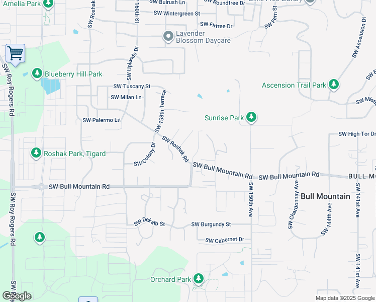 map of restaurants, bars, coffee shops, grocery stores, and more near 15565 Southwest Roshak Road in Tigard