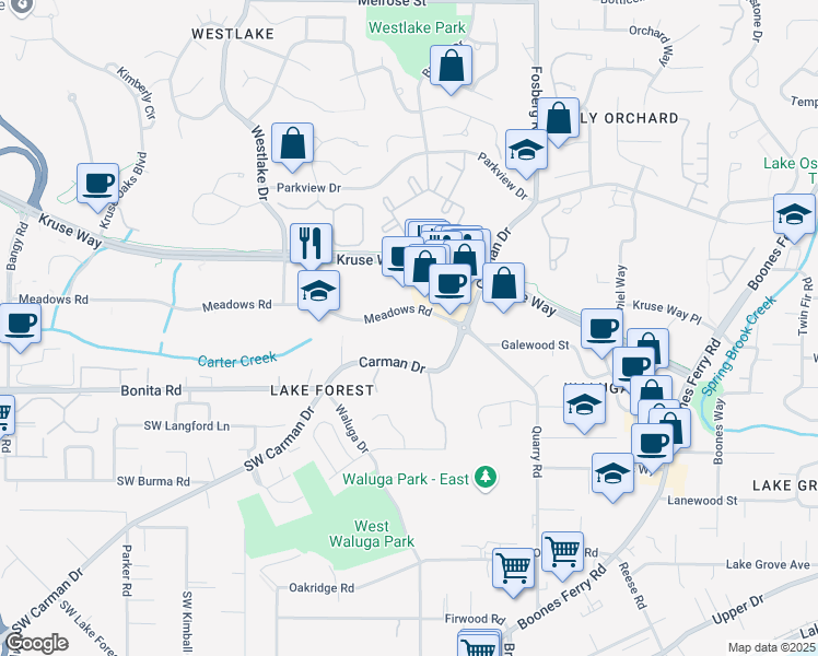 map of restaurants, bars, coffee shops, grocery stores, and more near 4900 Meadows Road in Lake Oswego