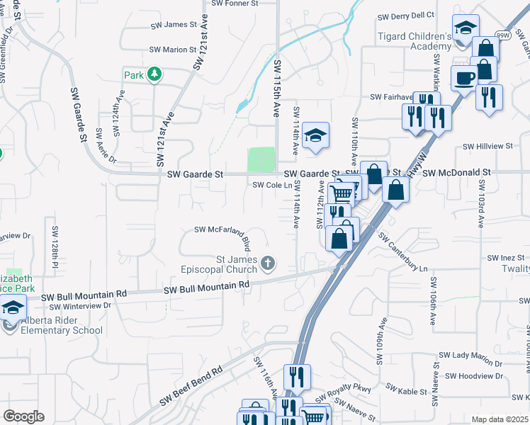 map of restaurants, bars, coffee shops, grocery stores, and more near 14237 Southwest 116th Terrace in Tigard