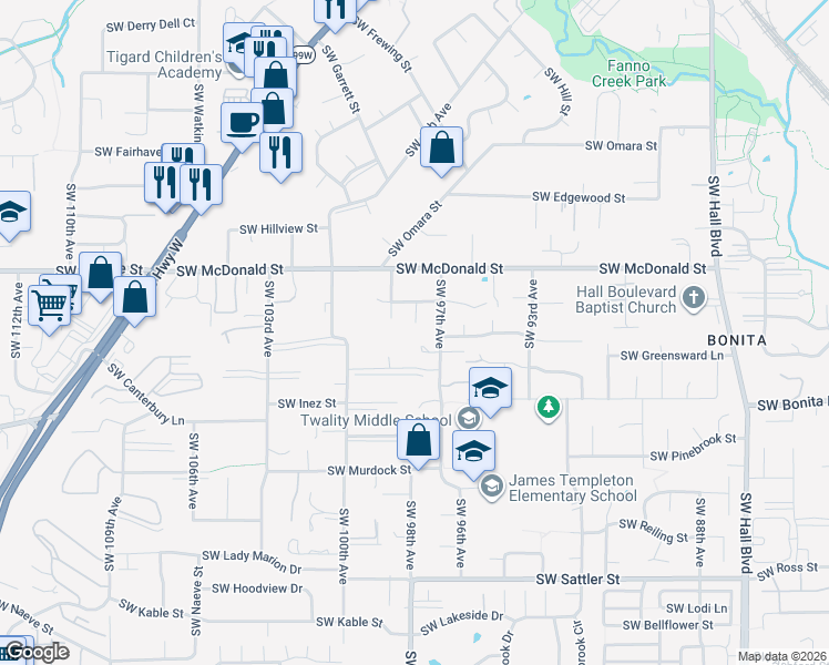 map of restaurants, bars, coffee shops, grocery stores, and more near 14155 Southwest 97th Place in Portland