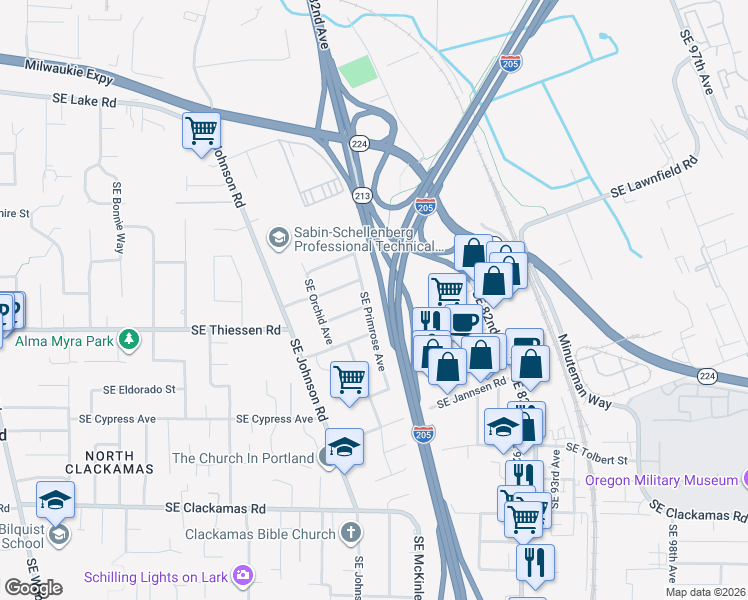 map of restaurants, bars, coffee shops, grocery stores, and more near 14666 Southeast Primrose Avenue in Milwaukie