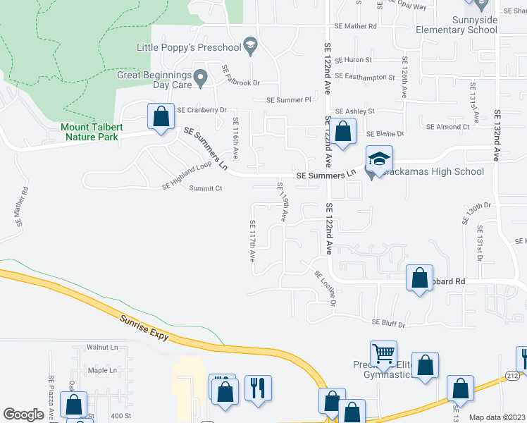 map of restaurants, bars, coffee shops, grocery stores, and more near 14723 Southeast Landis Court in Clackamas
