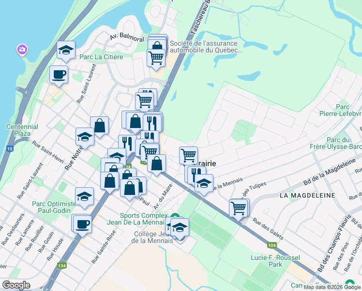 map of restaurants, bars, coffee shops, grocery stores, and more near 48 Avenue Ernest-Rochette in La Prairie