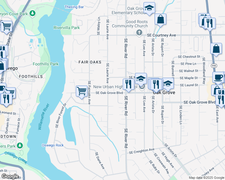 map of restaurants, bars, coffee shops, grocery stores, and more near 1463 Southeast Oak Grove Boulevard in Milwaukie