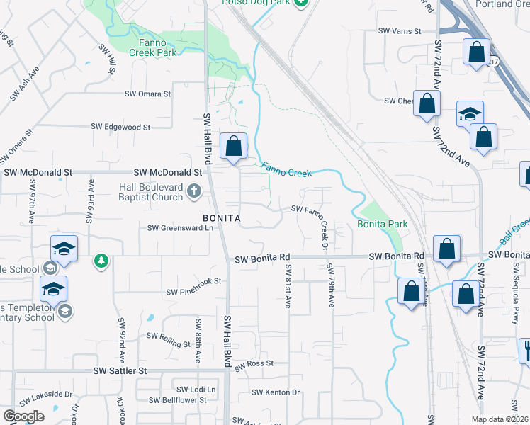 map of restaurants, bars, coffee shops, grocery stores, and more near 8200 Southwest Fanno Creek Drive in Tigard