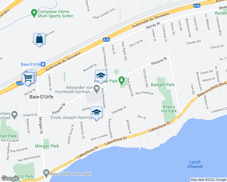 map of restaurants, bars, coffee shops, grocery stores, and more near 207 Rue Calais in Baie-d'Urfé