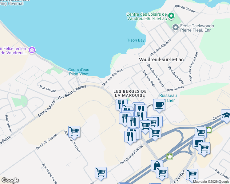 map of restaurants, bars, coffee shops, grocery stores, and more near 1009 Avenue Saint-Charles in Vaudreuil-Dorion