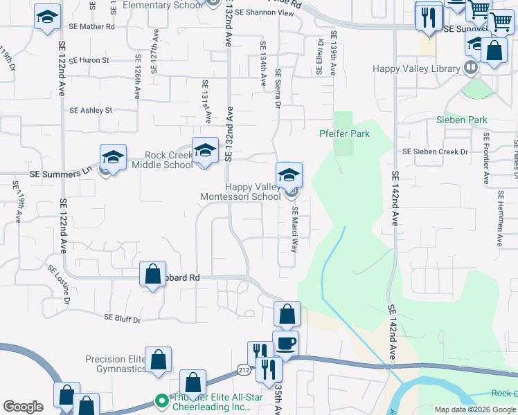 map of restaurants, bars, coffee shops, grocery stores, and more near 14623 Southeast Megan Way in Clackamas