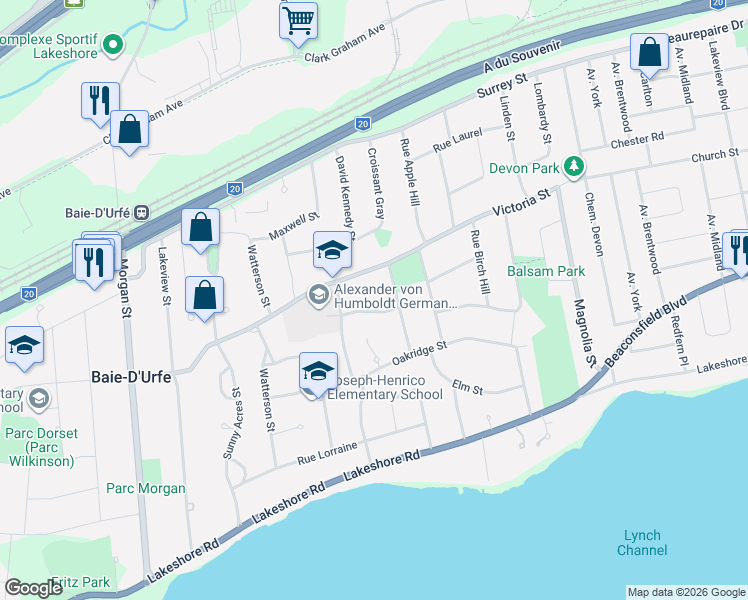 map of restaurants, bars, coffee shops, grocery stores, and more near 207 Rue Calais in Baie-d'Urfé