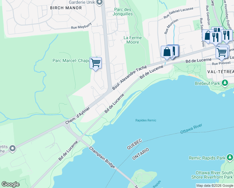 map of restaurants, bars, coffee shops, grocery stores, and more near 154 Boulevard de Lucerne in Gatineau