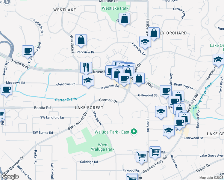 map of restaurants, bars, coffee shops, grocery stores, and more near 4900 Meadows Road in Lake Oswego