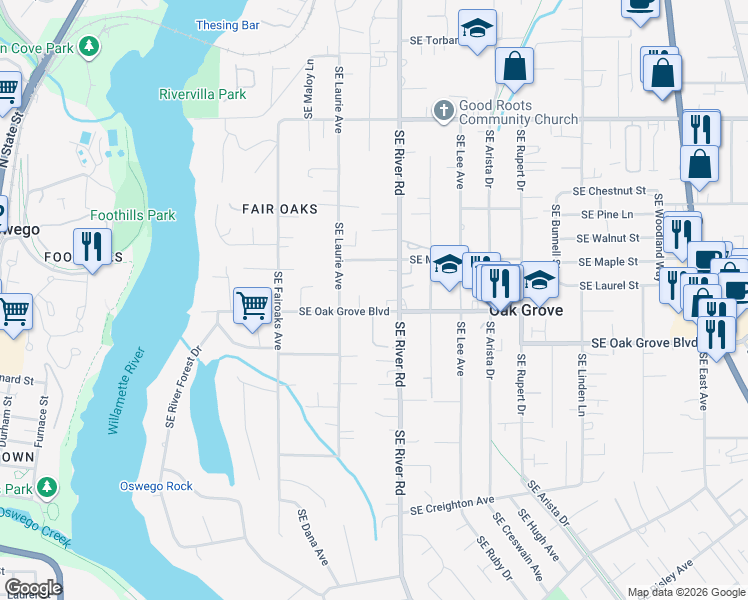 map of restaurants, bars, coffee shops, grocery stores, and more near 14611 Southeast River Road in Oak Grove