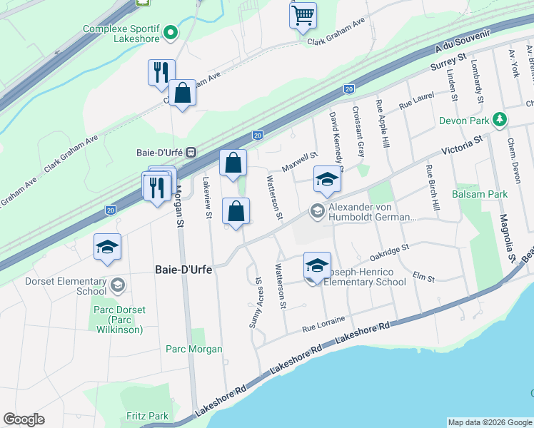 map of restaurants, bars, coffee shops, grocery stores, and more near 42 Rue Watterson in Baie-d'Urfé