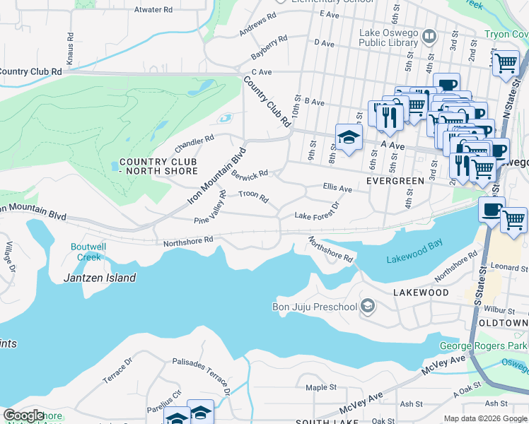 map of restaurants, bars, coffee shops, grocery stores, and more near 1055 Westward Ho Rd in Lake Oswego