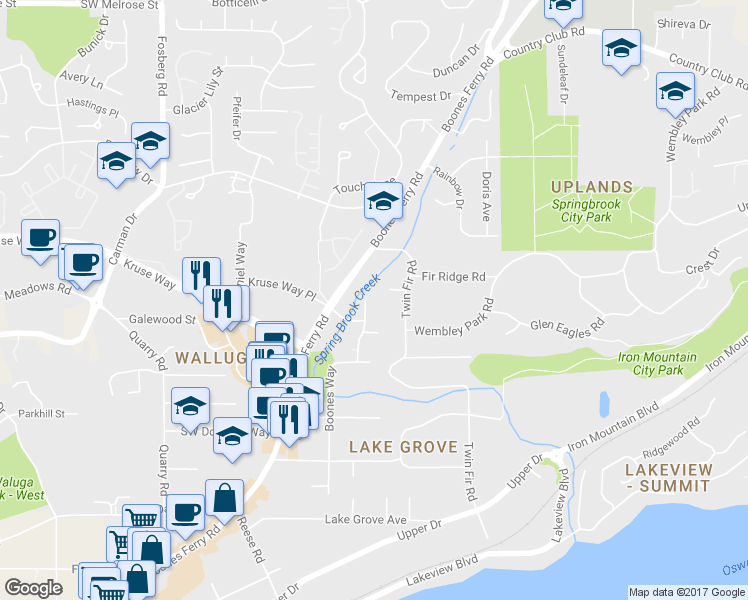 map of restaurants, bars, coffee shops, grocery stores, and more near 15032 Boones Way in Lake Oswego