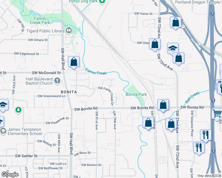 map of restaurants, bars, coffee shops, grocery stores, and more near 7885 Southwest Fanno Creek Drive in Tigard